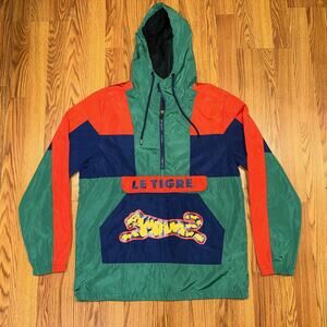 Le TIGRE Jacket Windbreaker Medium Green Red Blue Nylon Hoodie Anorak M Tiger